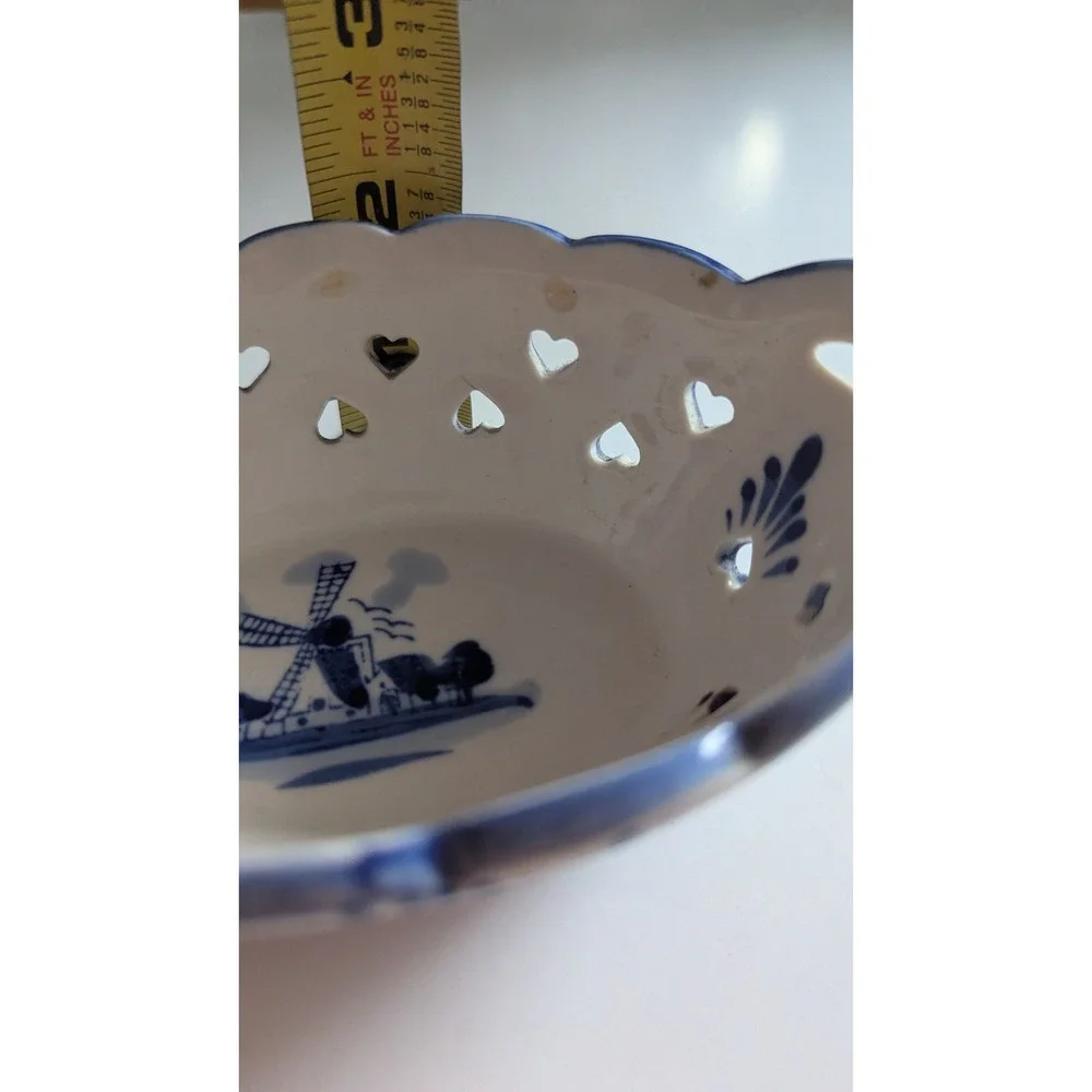 Delft Blue Style Ceramic Trinket Bowl Heart Cutouts Windmill Blue White Oval